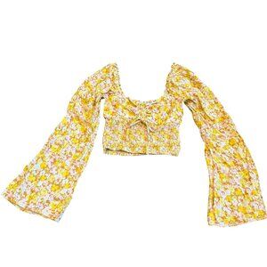 Urban Outfitters Yellow Floral Print Long Sleeve Crop Top Shirt Size XS Women's